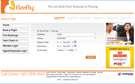 Firefly booking website — homepage and search