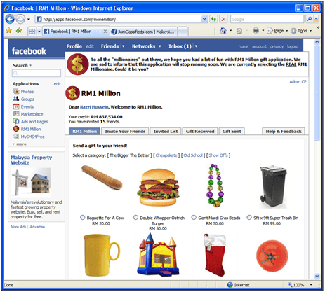 TM RM1 Million Facebook app — gift sending